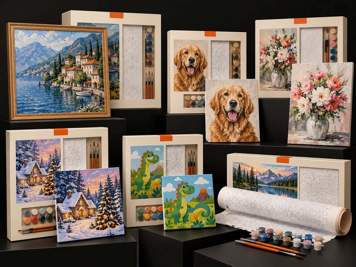 Numbered canvas kits, paint pots and brushes on a gallery table on a gallery sampling table